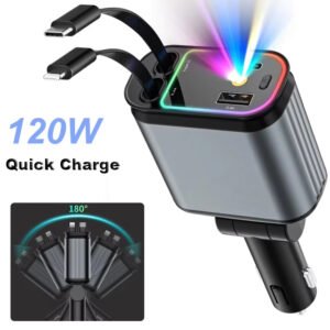 4-in-1 Car Charger 120W Adapter with Retractable Cable, USB Type-C Ports & Atmosphere Lamp