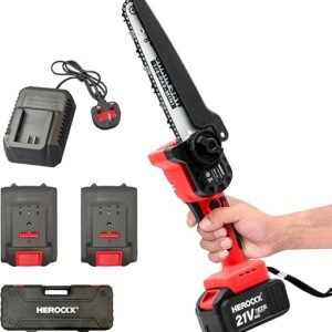 HEROCKX 6-Inch Mini Chainsaw – Cordless Electric Chainsaw with 2×4000mAh Batteries & Safety Lock